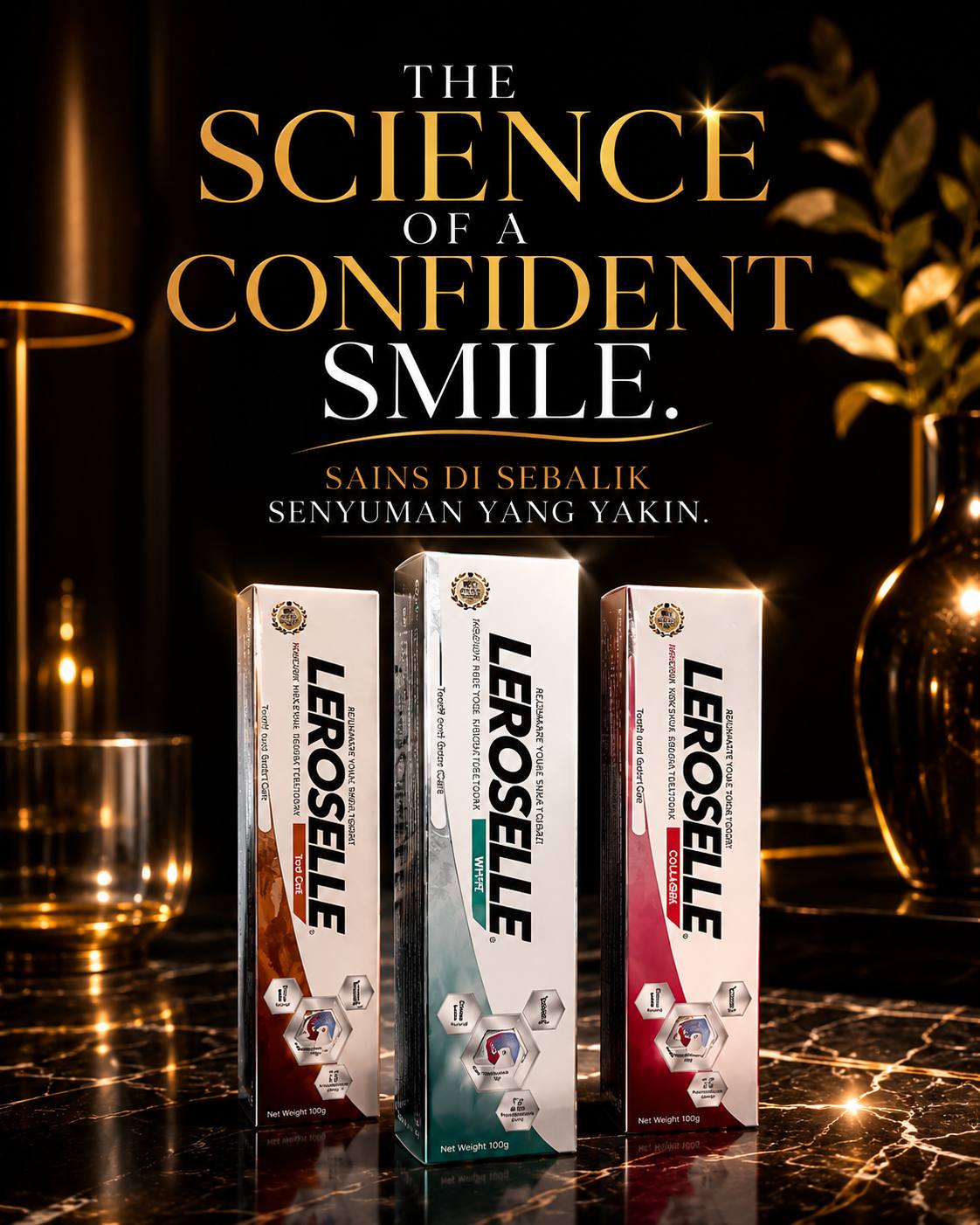 Leroselle toothpaste collection presented in a premium dark setting