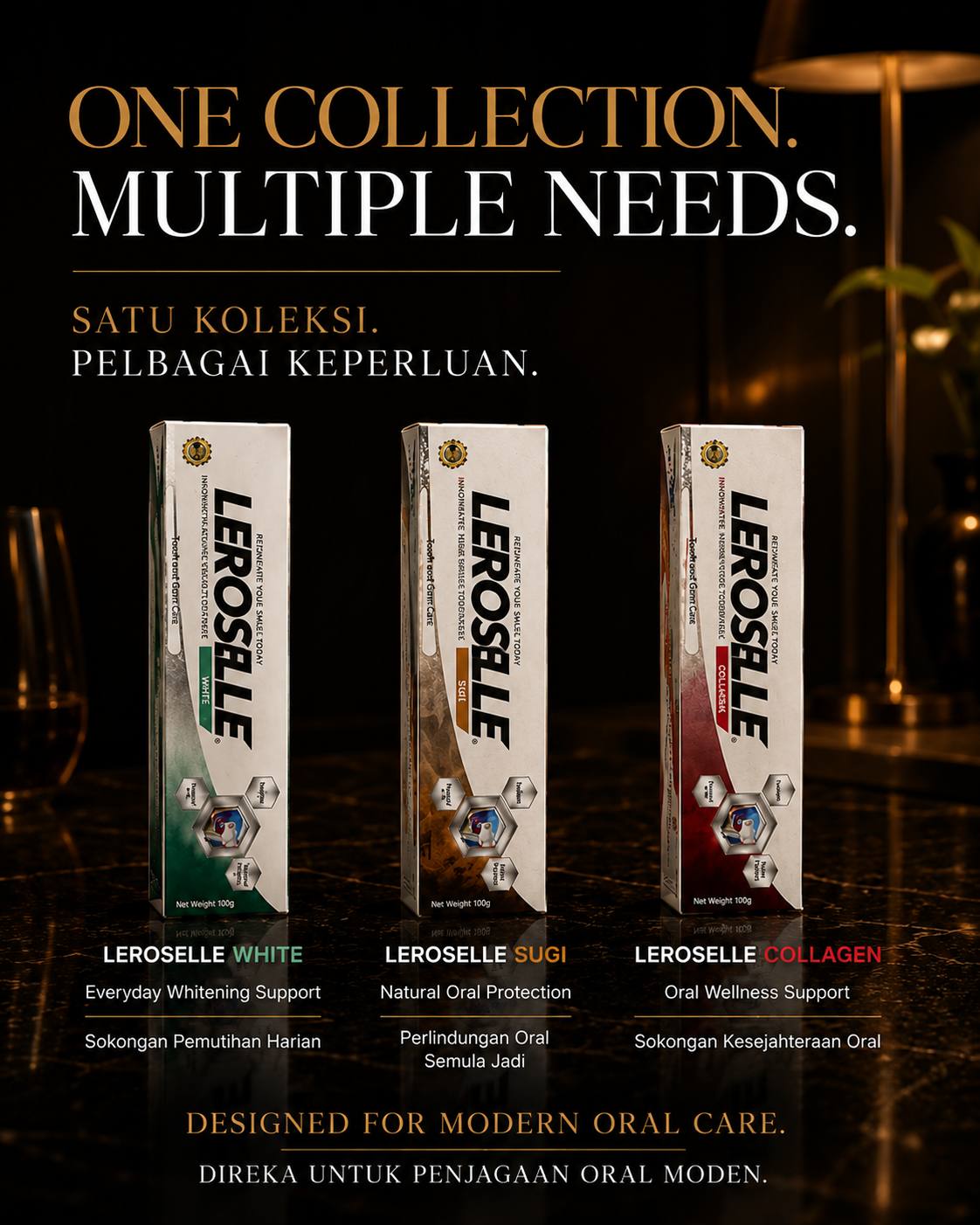 Three Leroselle adult toothpaste variants and their distinct needs