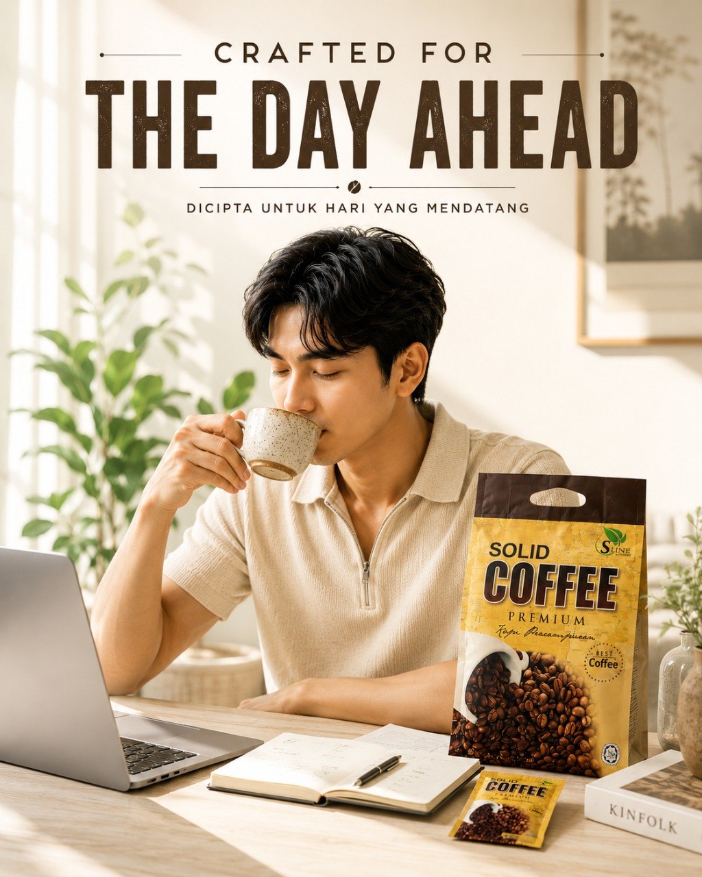 Solid Coffee lifestyle campaign featuring a focused morning routine