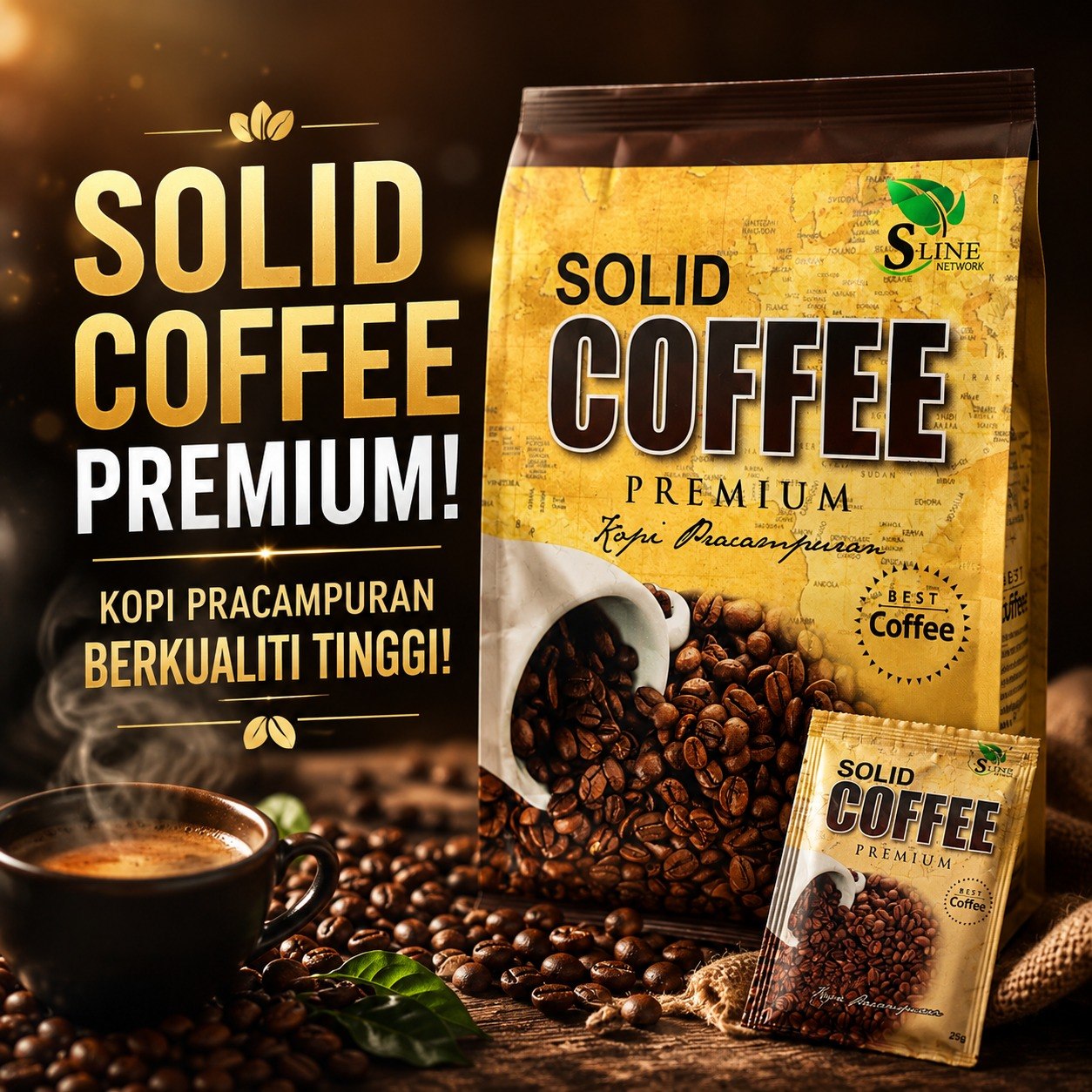 Solid Coffee premium product and sachet campaign artwork